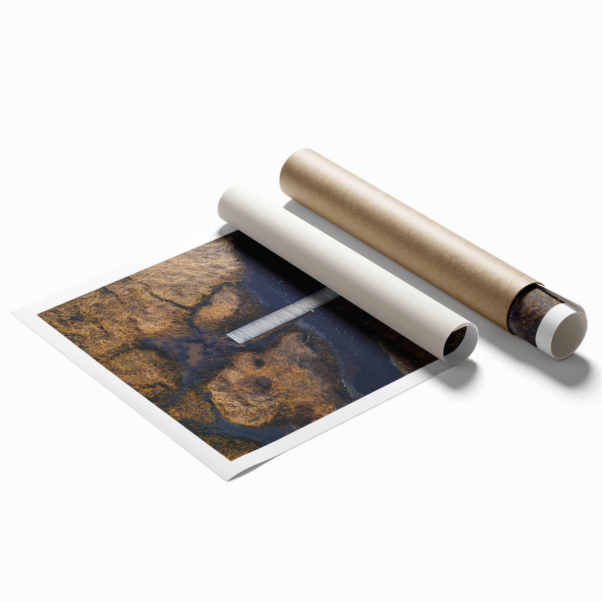 Landscape art print featuring a serene bridge scene, rolled and ready for framing. The vivid colors and intricate details capture a tranquil outdoor setting, ideal for home decor.