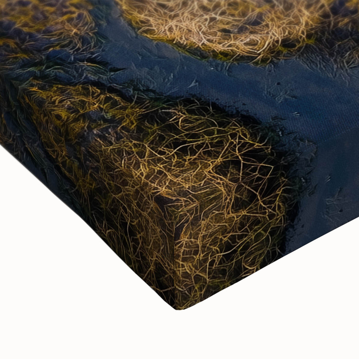 Close-up of a stretched canvas depicting a serene landscape bridge over a tranquil river, showcasing vibrant colors and intricate details, perfect for home decor.
