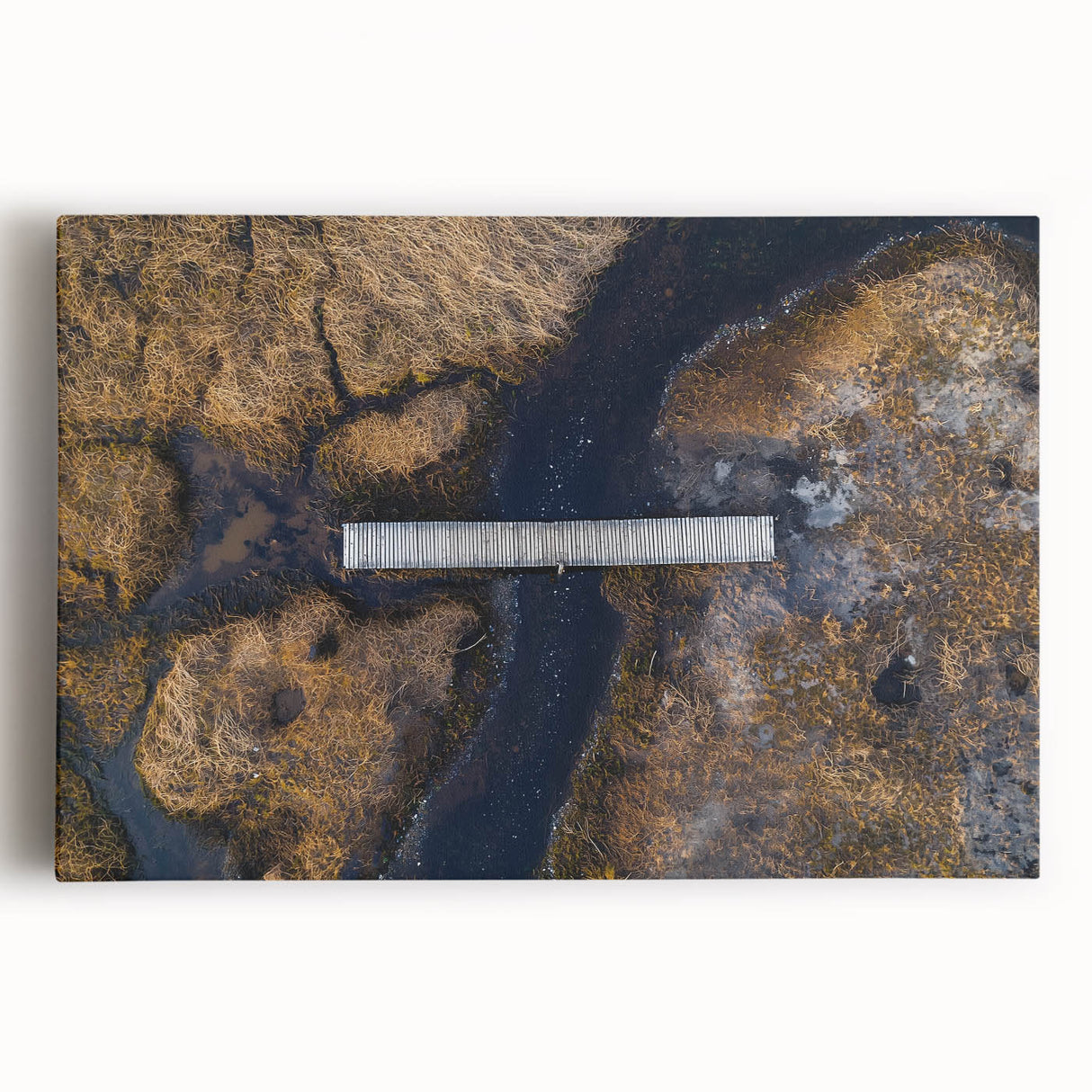 Stretched canvas artwork of a vibrant landscape featuring a scenic bridge, showcasing rich colors and details, perfect for home decor and nature lovers.