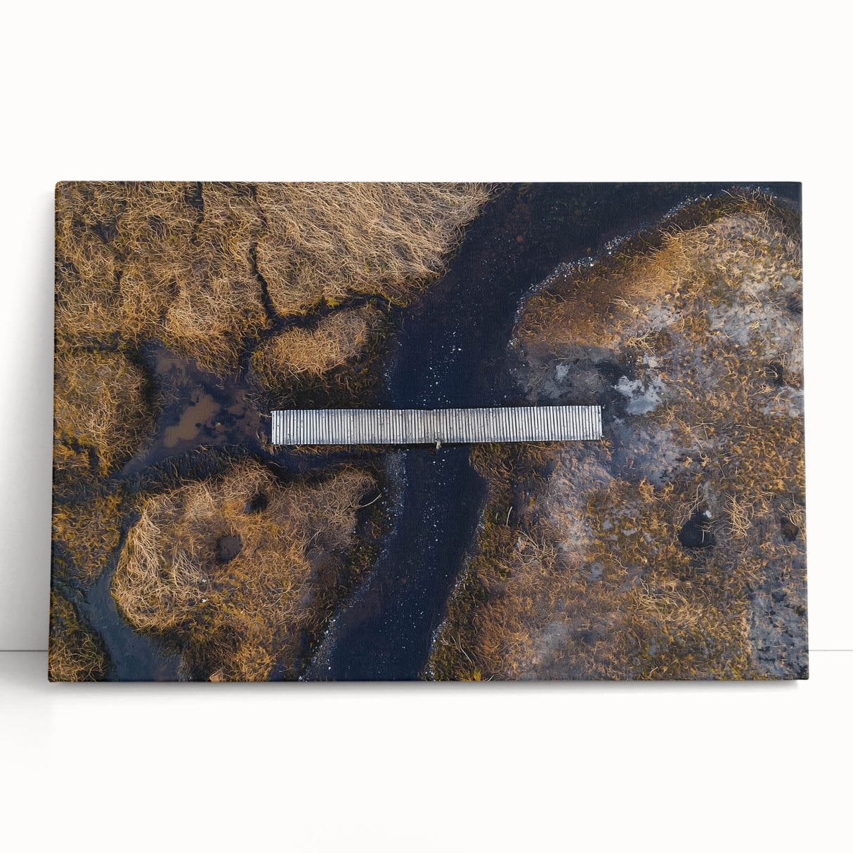 Landscape canvas artwork depicting a serene bridge over a tranquil river, surrounded by lush greenery and vibrant colors, perfect for home decor or art enthusiasts.