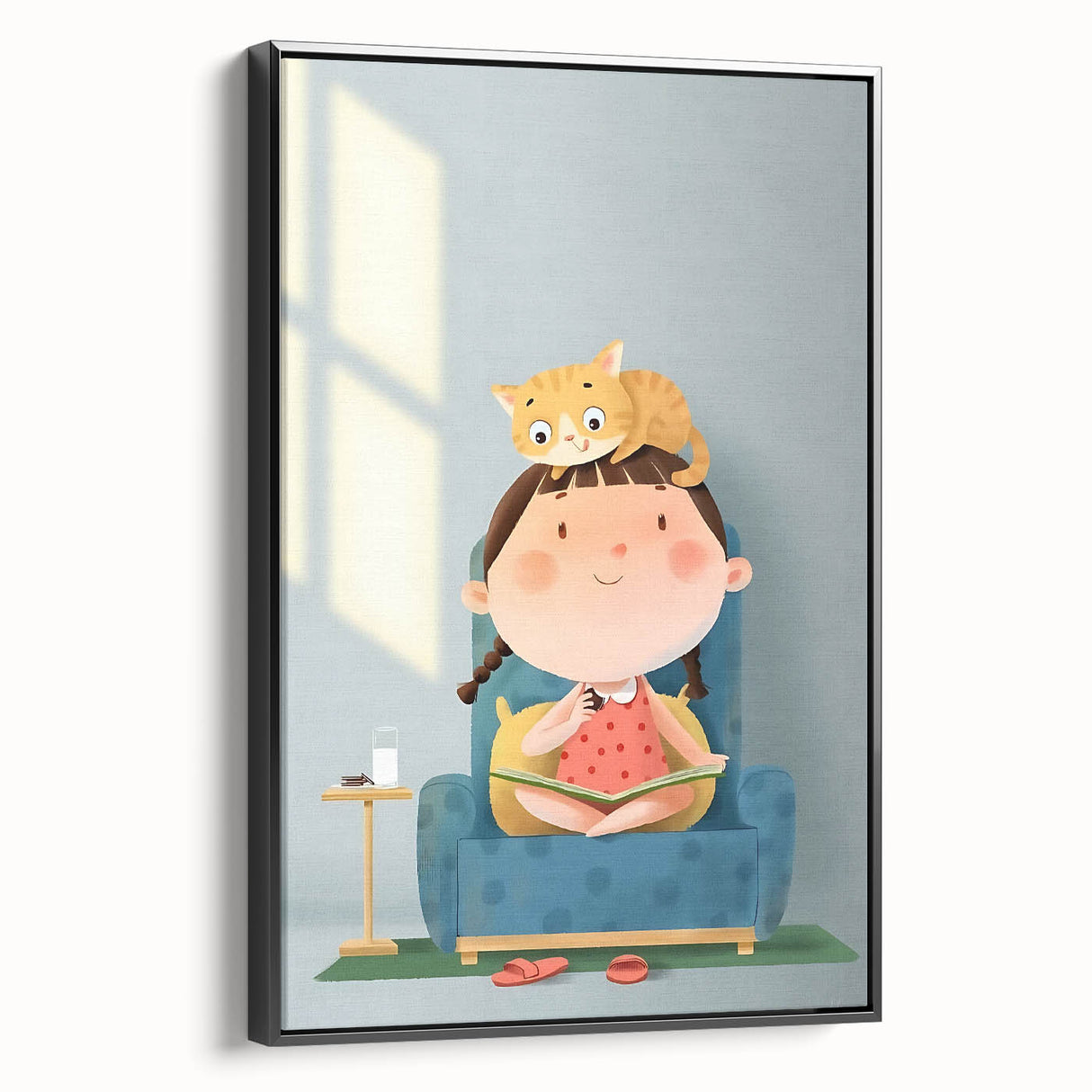 Girls Bedroom Art – Cozy Reading Time with Cat Illustration Print