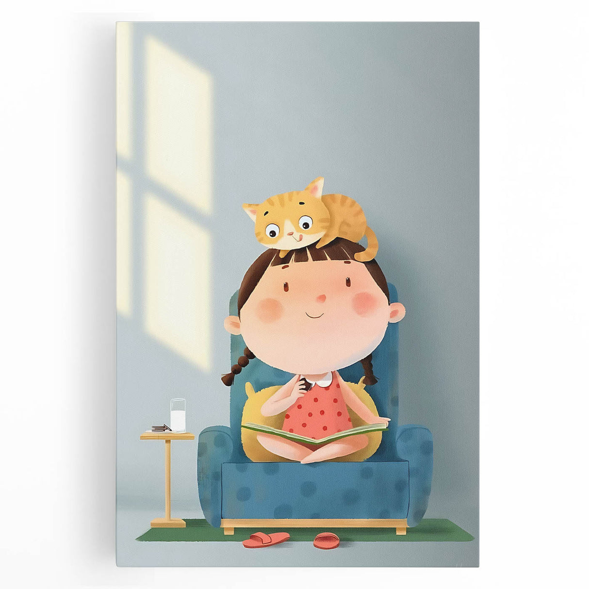 Girls Bedroom Art – Cozy Reading Time with Cat Illustration Print