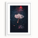 Abstract art print depicting autumnal trees in orange and red tones on a framed white canvas, suitable for dining room decor.