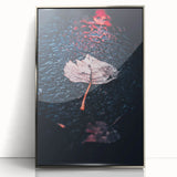 Mid-century modernist art depicting an autumnal scene in muted orange and brown tones, framed in silver acrylic.