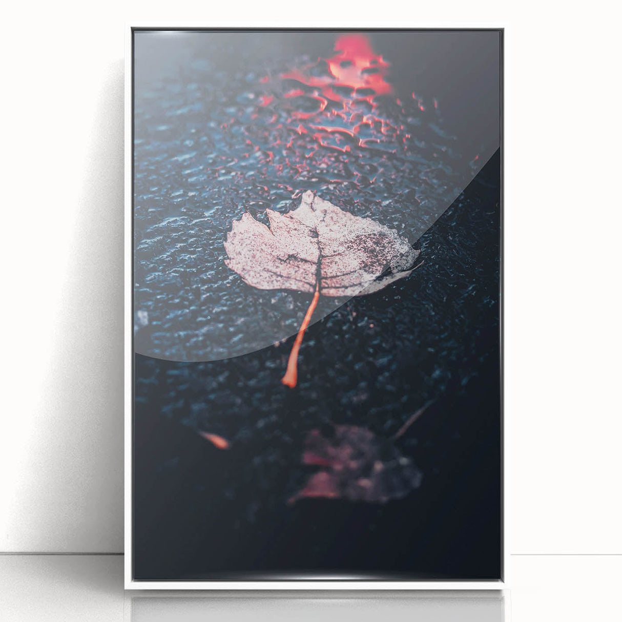 Art deco poster depicting abstract fall foliage in warm orange and red tones on a white acrylic framed canvas.