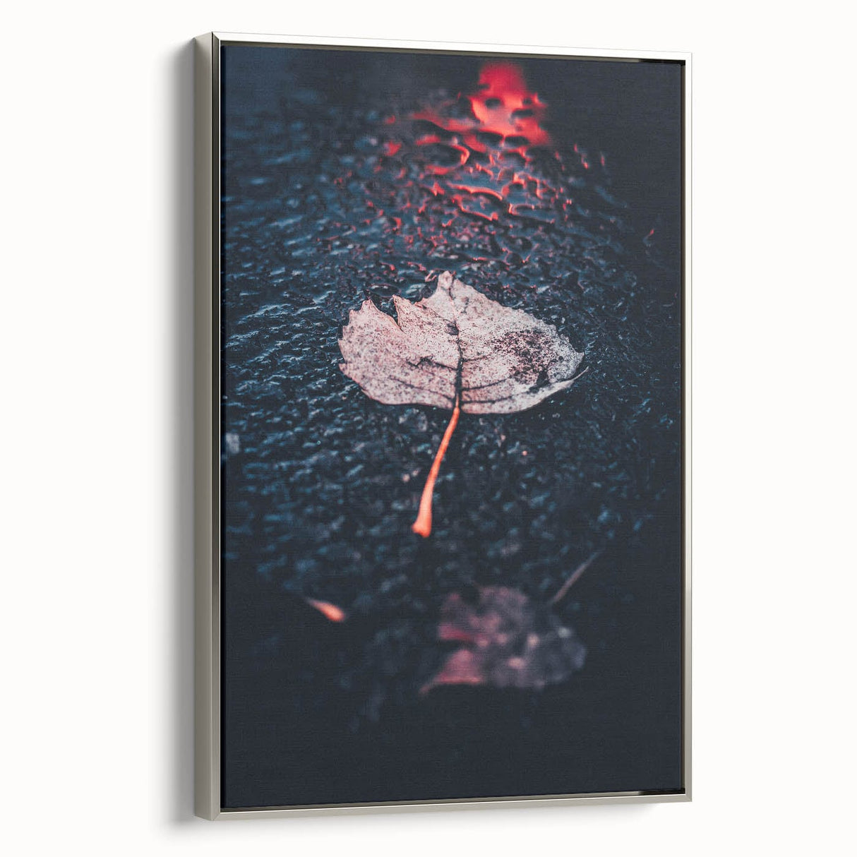 Framed canvas featuring a vintage landscape art painting of autumn trees in vibrant orange and red tones.