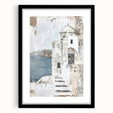 Abstract architectural wall art framed in black with a mat, showcasing geometric shapes and vibrant colors, ideal for modern home decor and artistic expression.