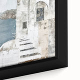 Close-up of a framed abstract architecture wall art piece with geometric patterns in muted tones of blue and gray, enhancing modern interior decor aesthetics.