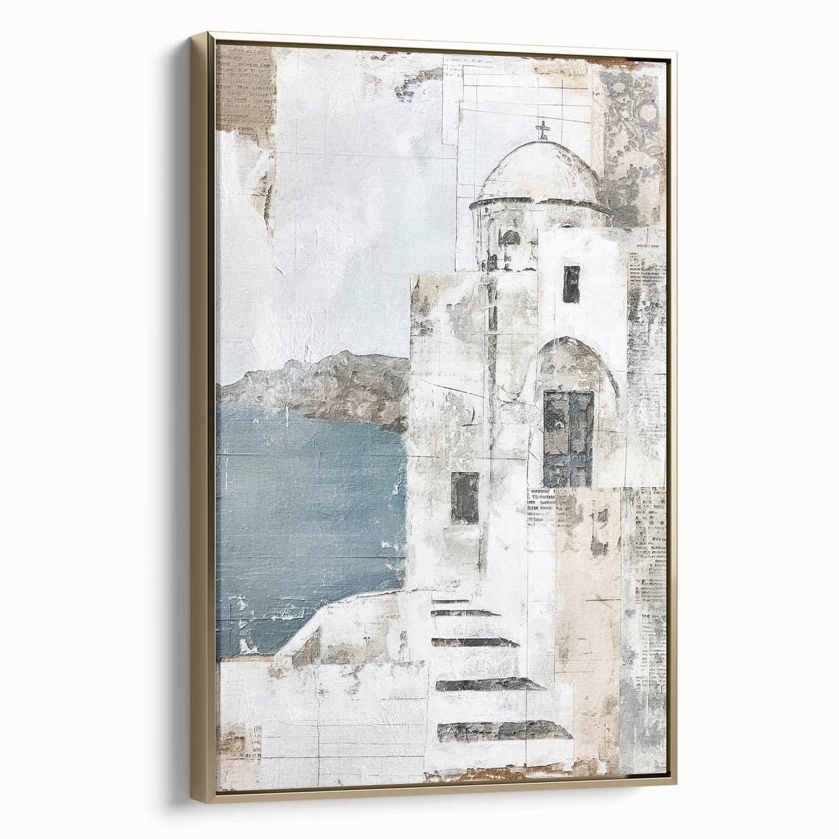 Framed abstract architecture wall art featuring a gold design on canvas, showcasing a side view with intricate geometric patterns and a modern aesthetic, perfect for contemporary decor.