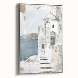 Framed canvas wall art showcasing a modern abstract architectural design with silver accents, set against a neutral background, ideal for contemporary decor.
