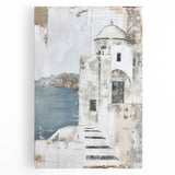 Abstract architecture wall art on stretched canvas showcasing bold geometric patterns in shades of blue and gold, ideal for modern home decor.