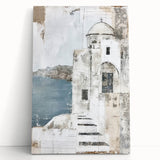 Abstract architectural wall art on stretched canvas, showcasing a modern design with geometric shapes in muted colors, leaning against a minimalist background.