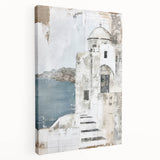 Stretched canvas artwork showcasing a vibrant abstract architectural design in bold colors, displayed from a side view, ideal for modern home decor accents.