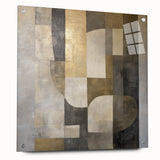 Abstract geometric design on acrylic glass, showcasing vibrant colors and sharp angles. Side view highlights the unique pin mounting for dimensional display. Ideal for modern decor.