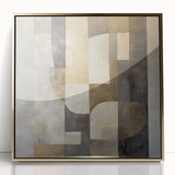 Framed acrylic art piece featuring an abstract geometric design in gold tones, showcasing a modern aesthetic ideal for contemporary home decor. The artwork's sleek lines and vibrant colors create a striking focal point in any room, perfect for elevating interior spaces.