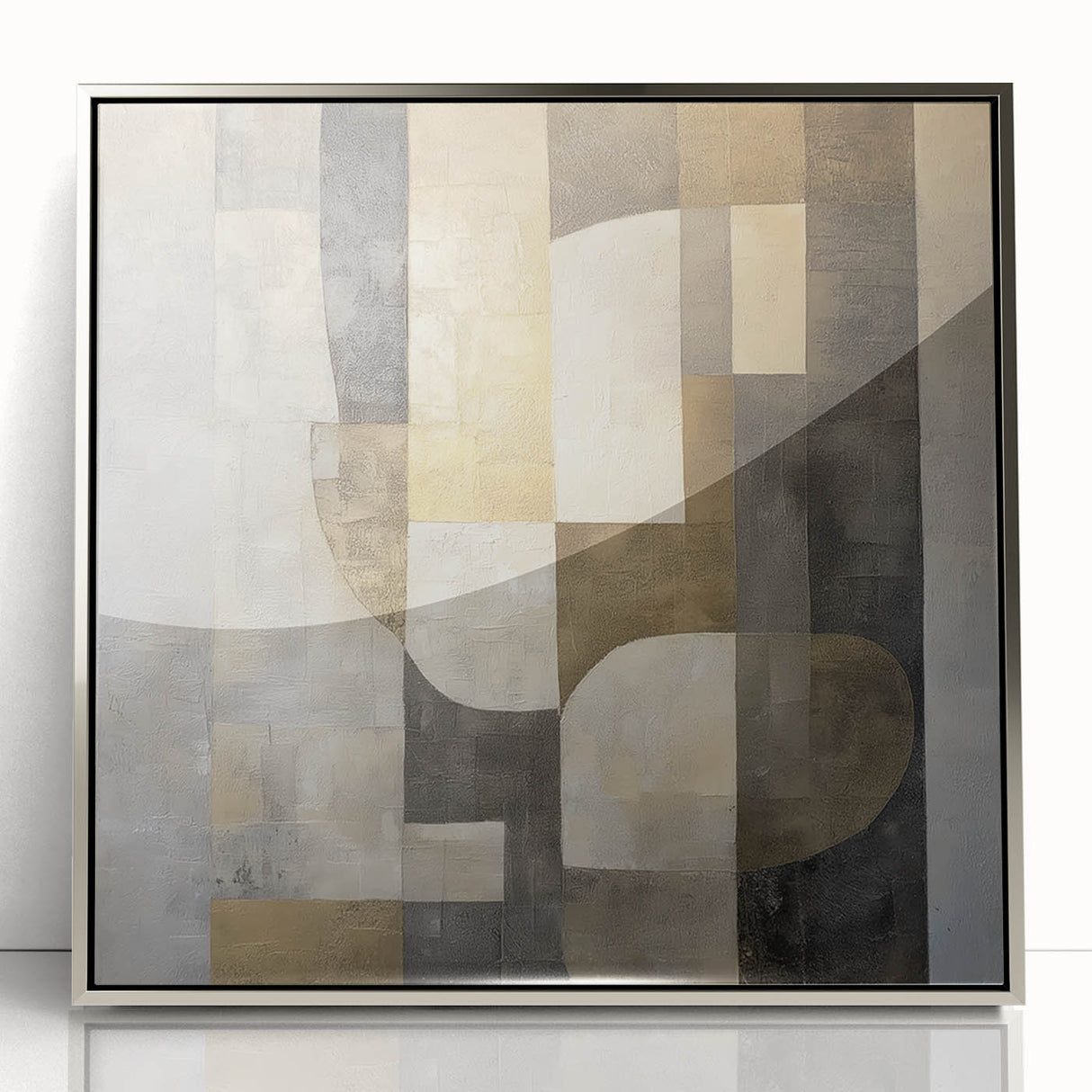 Framed abstract geometric art piece with silver accents, showcasing intricate shapes and lines on a sleek acrylic surface, perfect for modern decor.