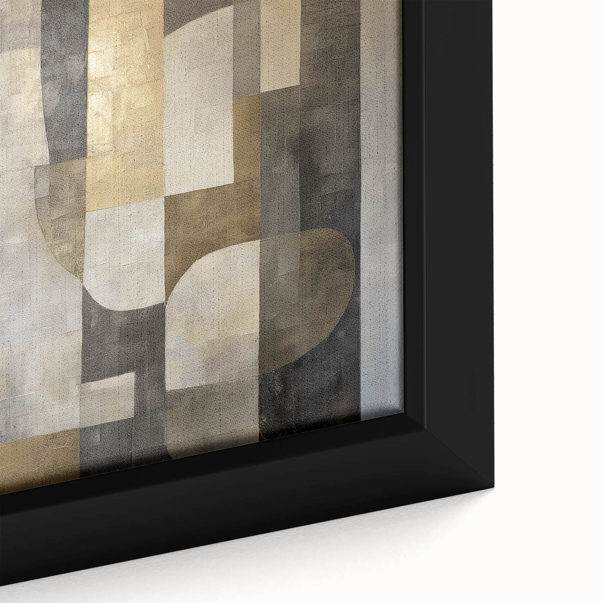 Close-up of a stylish abstract geometric framed canvas featuring vibrant colors and intricate patterns, perfect for modern home decor or office art.