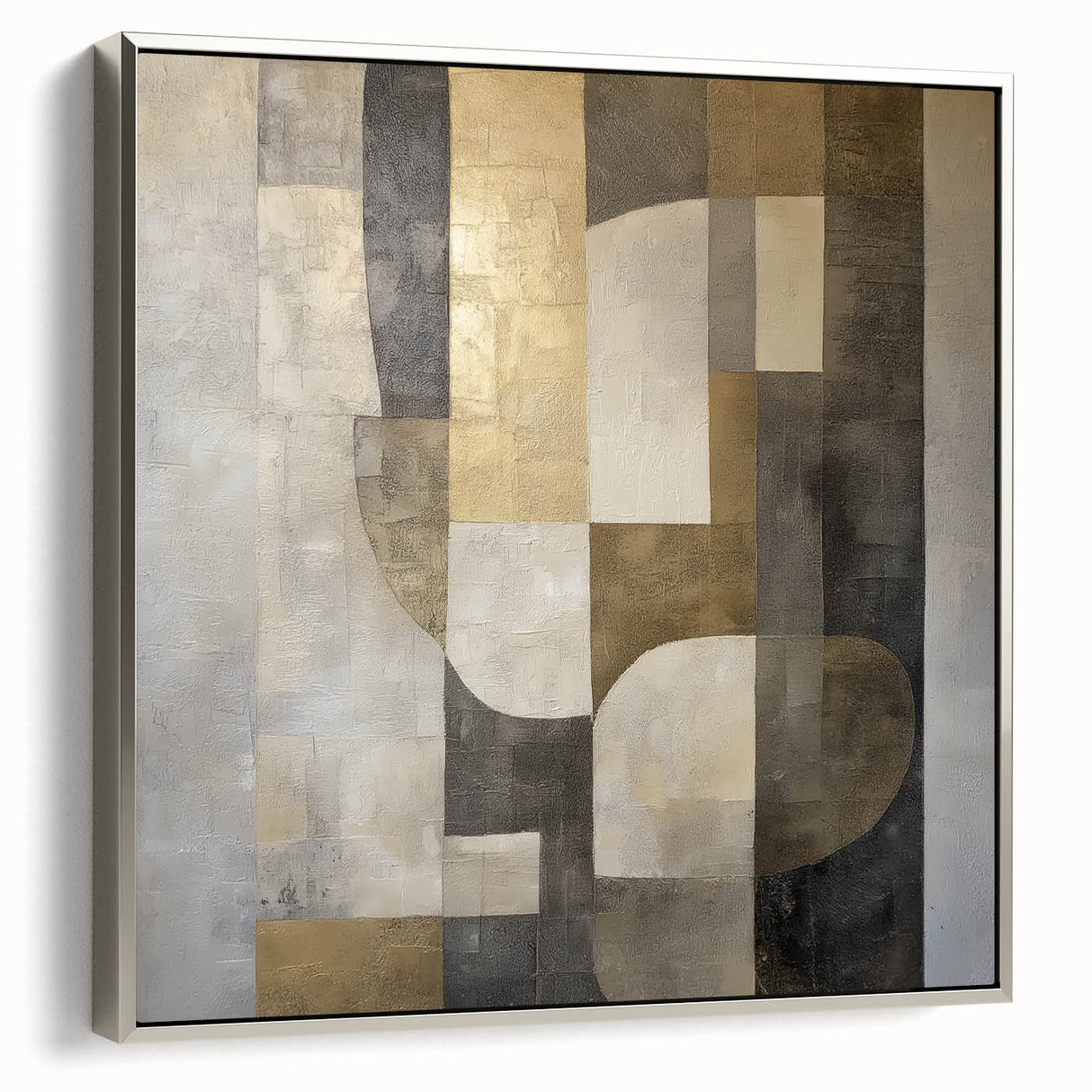 Abstract geometric framed canvas artwork with silver accents, showcasing a modern design. Ideal for contemporary interiors and stylish home decor.