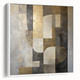 Abstract geometric framed canvas artwork showcasing a minimalist design in shades of white and gray, ideal for modern home decor. The piece features clean lines and a sleek profile, perfect for enhancing any contemporary living space.