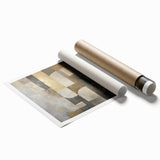 Abstract geometric rolled print showcasing vibrant colors like blue, orange, and yellow, designed for modern home decor. This artwork is elegantly packaged in a durable cardboard tube, ideal for shipping and storage. Perfect for adding a contemporary touch to living spaces or galleries.