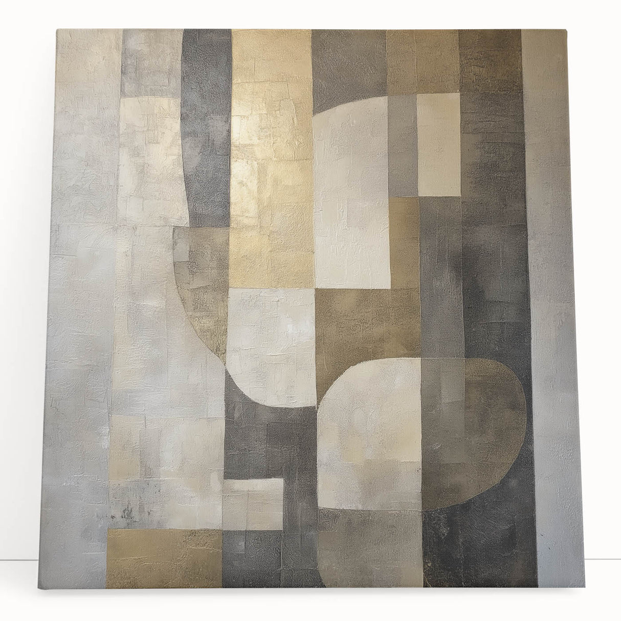 Abstract geometric canvas art with vibrant colors and sharp angles, leaning against a white wall, perfect for modern interior decor. Ideal for art enthusiasts seeking unique wall decor.