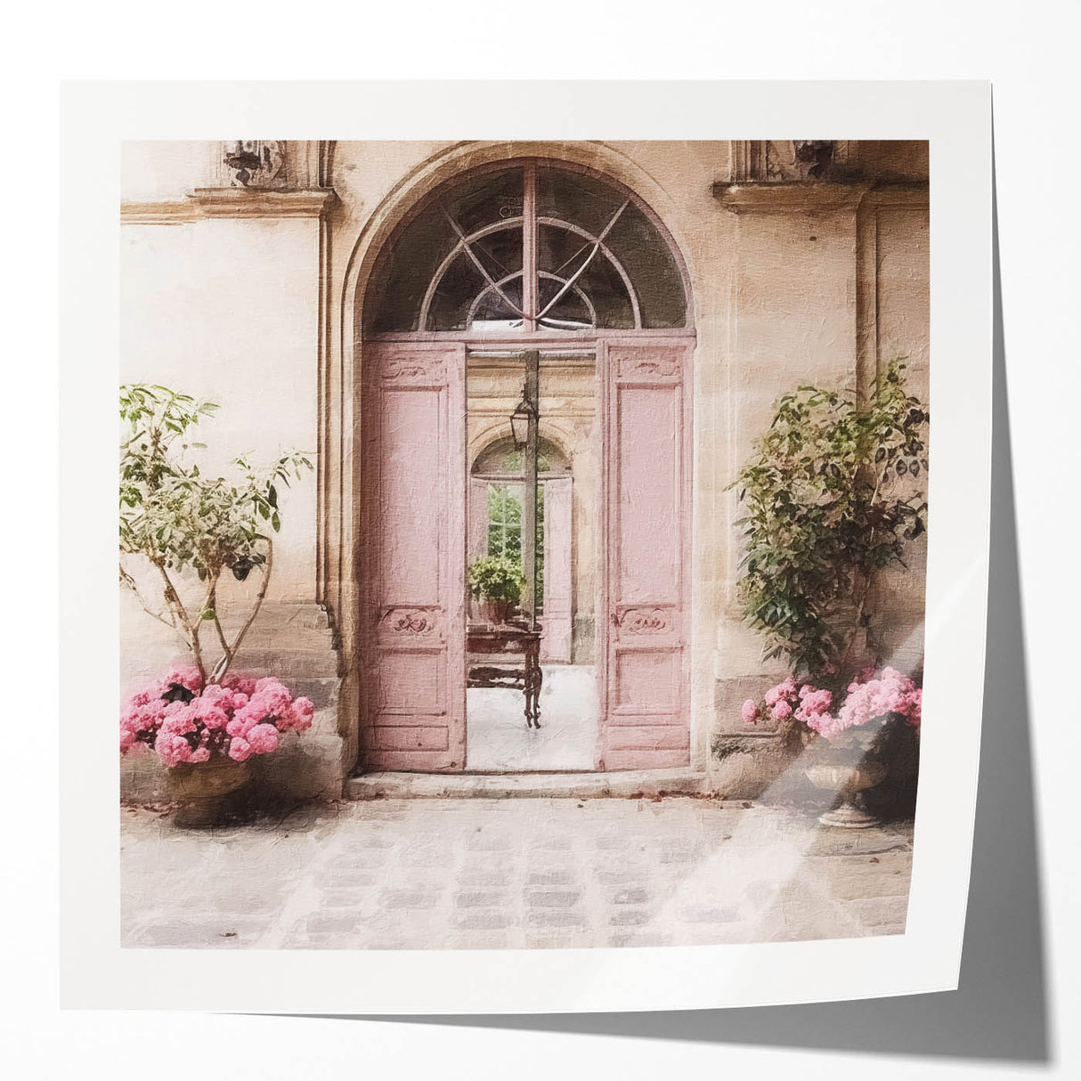 Extra large wall art depicting a vintage French door design in muted earth tones on glossy photo paper.