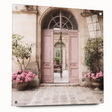 Acrylic print of a large abstract design featuring a French door architecture in muted gray and blue tones.
