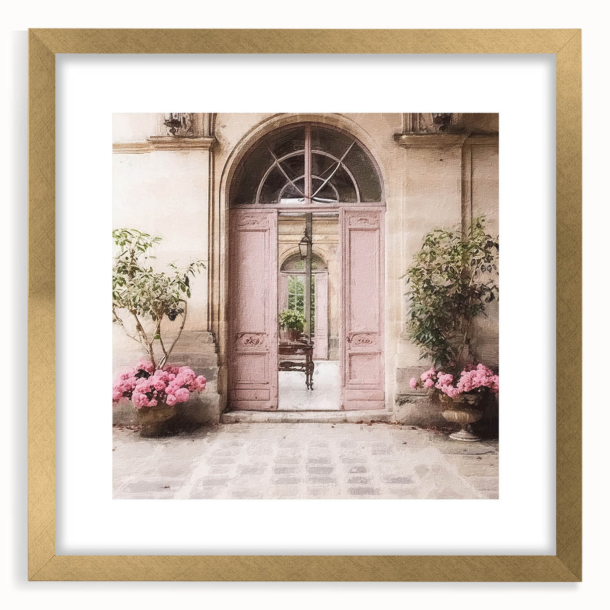 Extra large abstract art print featuring a textured depiction of an ornate French door, set in a gold frame.