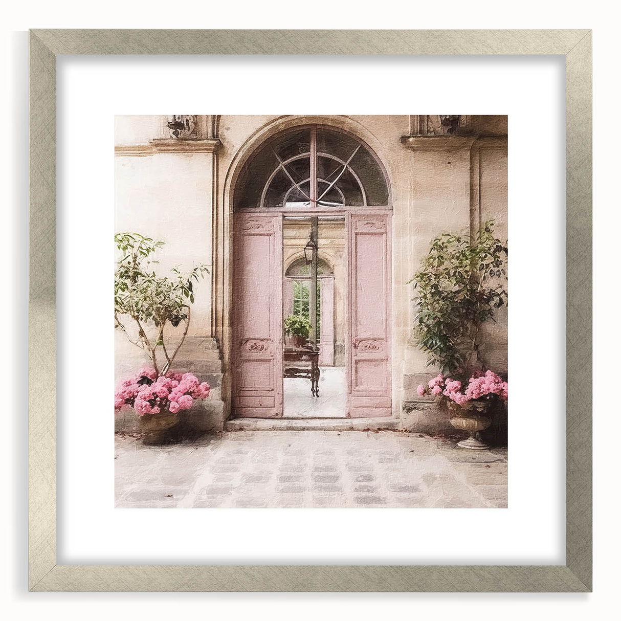 Textured abstract art print of a French door, in muted gray tones, framed with a silver mat, ideal for bedroom art.
