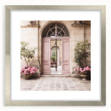 Textured abstract art print of a French door, in muted gray tones, framed with a silver mat, ideal for bedroom art.