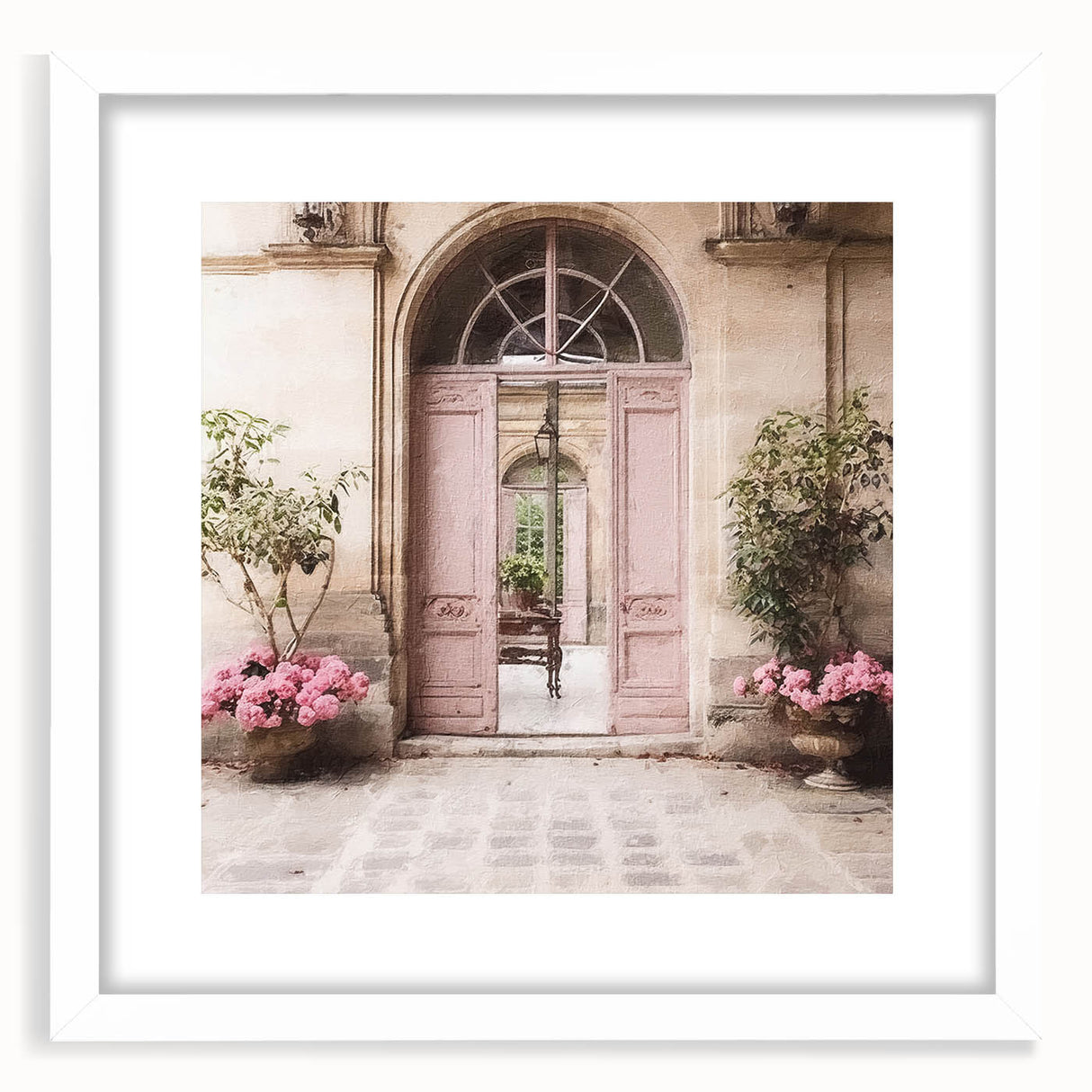 Abstract art print of a French door, in muted gray and white tones, framed with a white mat, suitable for dining room decor.