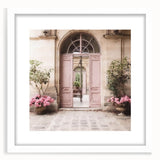 Abstract art print of a French door, in muted gray and white tones, framed with a white mat, suitable for dining room decor.