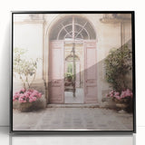 Large abstract wall art featuring a mid-century modernist black and white French door design on a framed acrylic print.