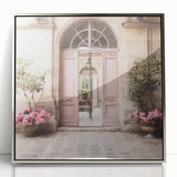 Mid-century modernist art of a French door, silver-framed acrylic print in soft gray tones, suitable for nursery wall art.