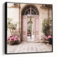 Black and white vintage poster art of a French door architecture on framed canvas, suitable for bedroom decor.