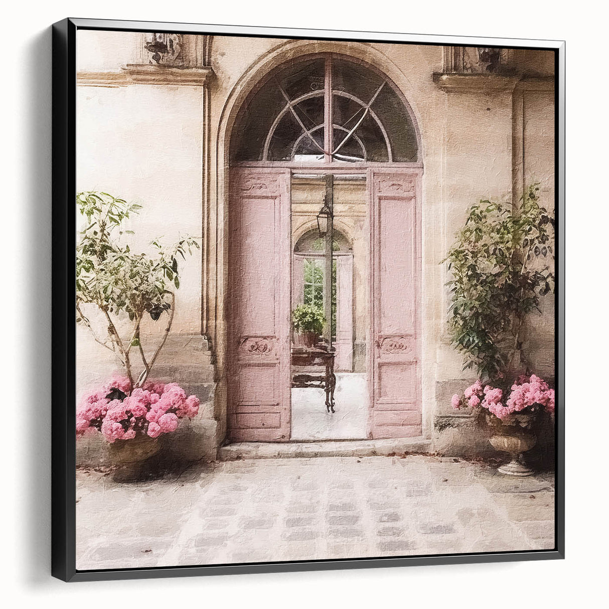 Black and white vintage poster art of a French door architecture on framed canvas, suitable for bedroom decor.