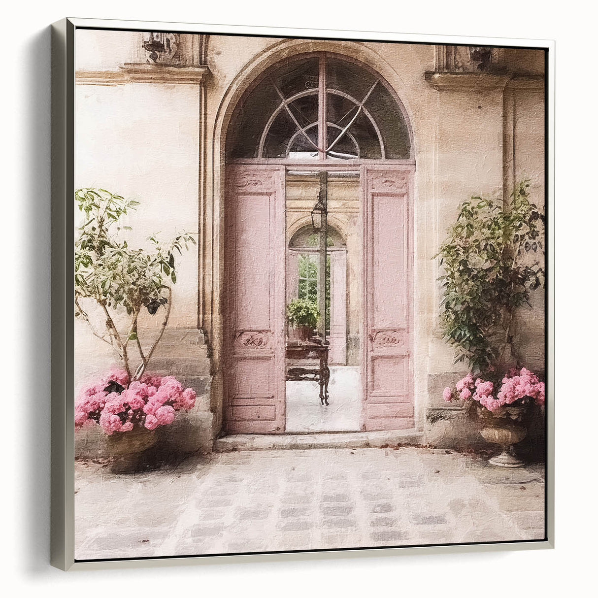 Framed canvas of a vintage poster featuring a colorful landscape art painting, showcasing a French door architecture.
