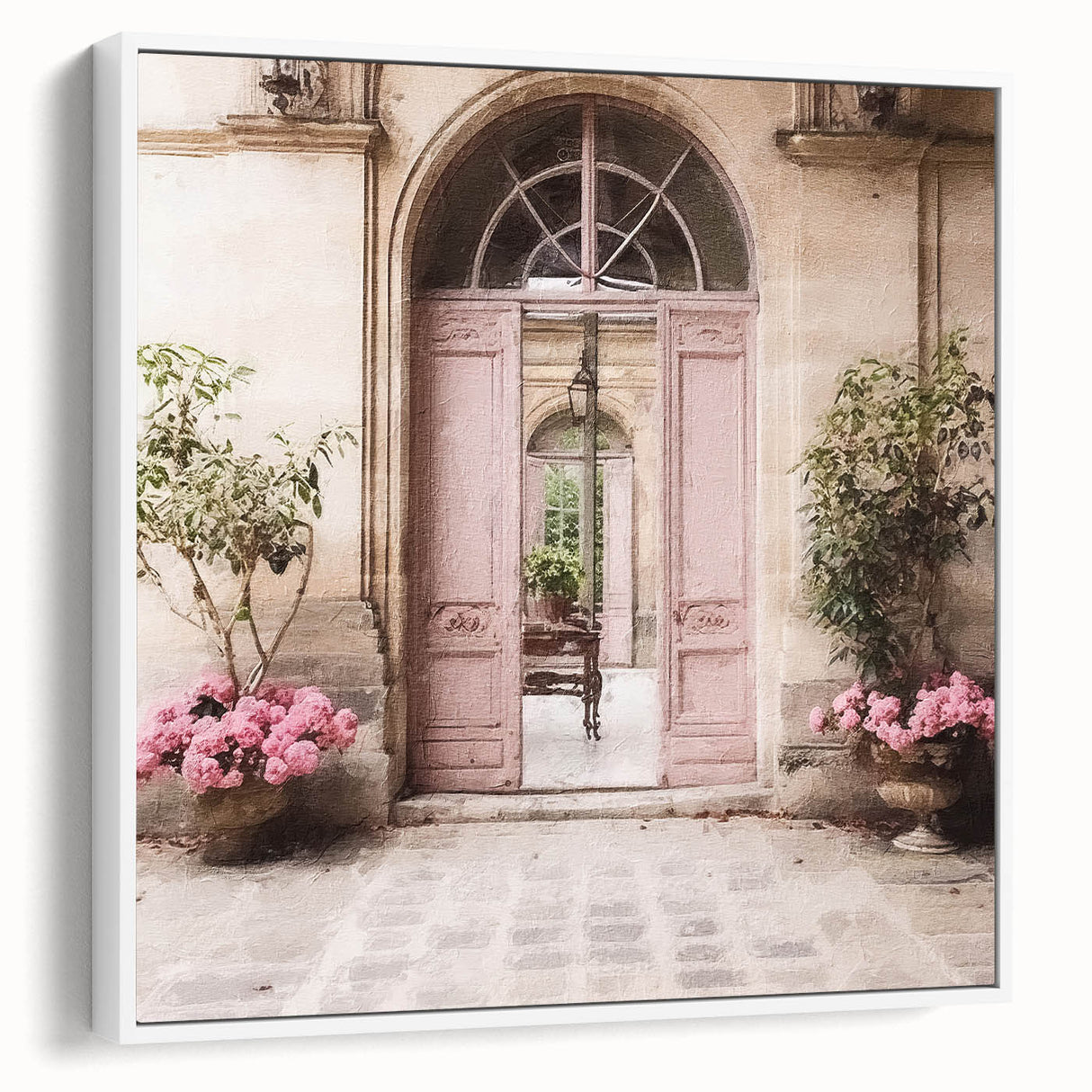Vintage poster art of a French door in black and colorful tones on a framed canvas, suited for living room decor.