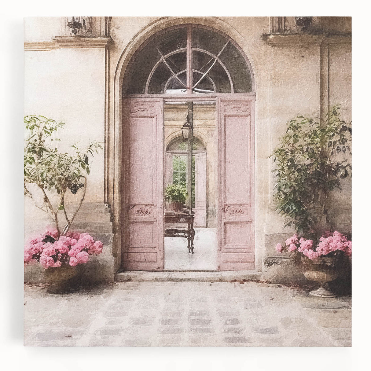 Black and white photograph of a French door architecture on stretched canvas, ideal for kitchen wall art.