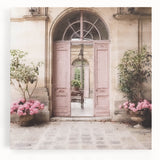 Black and white photograph of a French door architecture on stretched canvas, ideal for kitchen wall art.