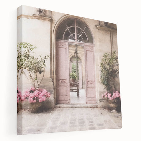 French door architecture depicted in a large stretched canvas with neutral and earthy tones, suitable for kitchen wall art.