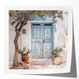 Extra large wall art featuring a Greek architecture door design in muted earth tones on glossy photo paper.