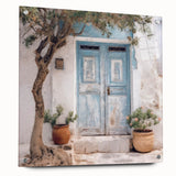 Acrylic print of a Greek door architecture in muted earth tones, ideal for dining room decor.
