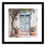 Abstract art print of a colorful, textured door in a Greek architectural style, framed in black, ideal for living room decor.