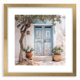 Extra large abstract art print featuring a textured image of a Greek door, designed in gold tones, framed with mat.