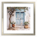 Textured art depicting an abstract Greek door design in silver frame, ideal for bedroom wall decor.