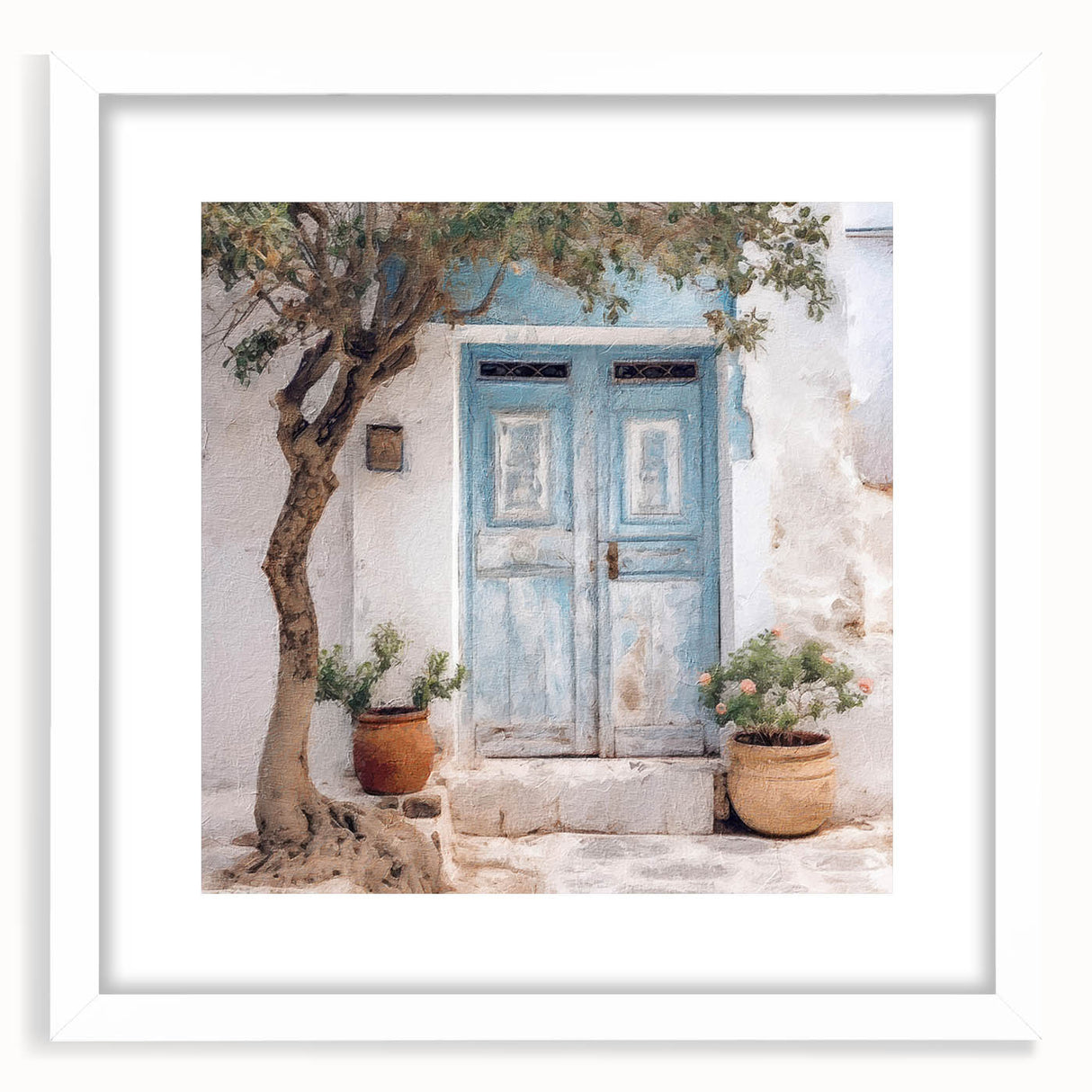 Abstract art print of a Greek door, framed with a white mat, in muted earth tones, suitable for bedroom or dining room decor.