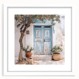 Abstract art print of a Greek door, framed with a white mat, in muted earth tones, suitable for bedroom or dining room decor.