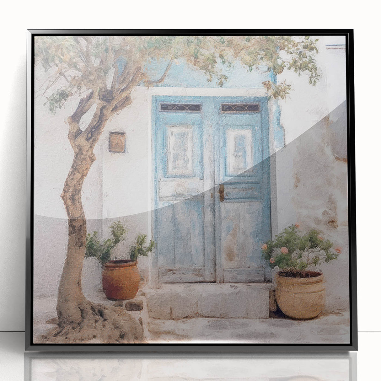 Large abstract wall art featuring a Greek door design in black and white, framed in acrylic, suitable for modern decor.
