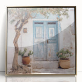 Mid-century modernist acrylic print of a Greek door in gold tones, ideal for nursery wall decor.